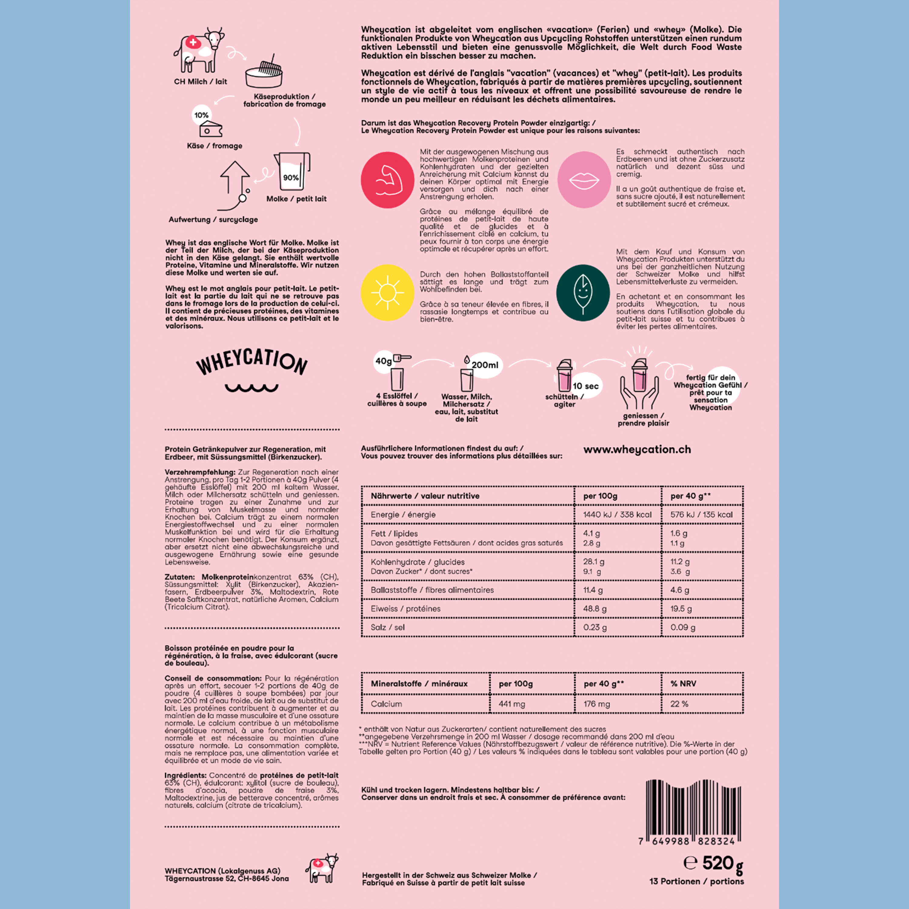 Wheycation Whey Protein Powder Berries 520g Swiss Whey Zutaten