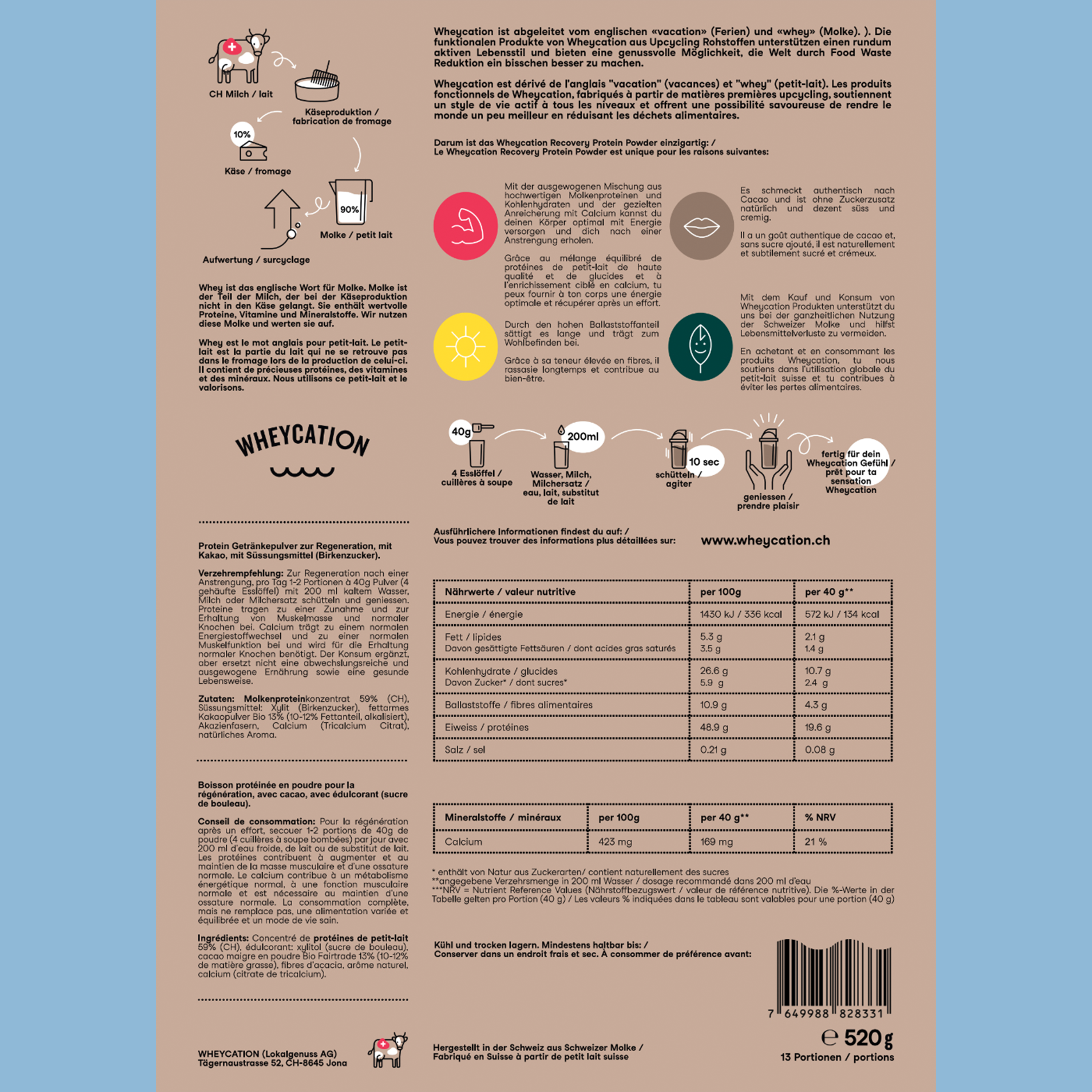 Wheycation Whey Protein Powder Cacao 520g Swiss Whey Zutaten