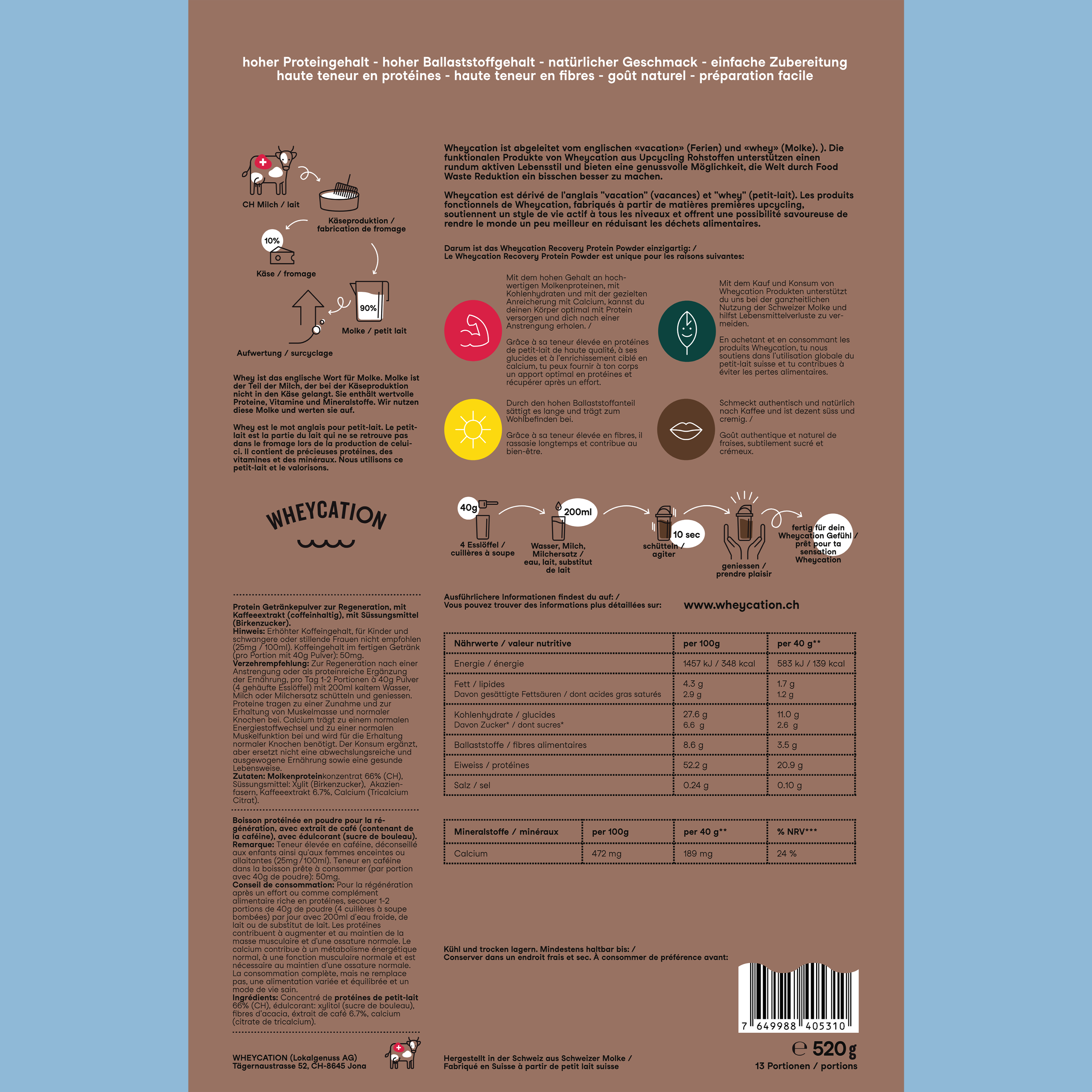 Wheycation Whey Protein Powder Coffee 520g Swiss Whey USPs Zutaten
