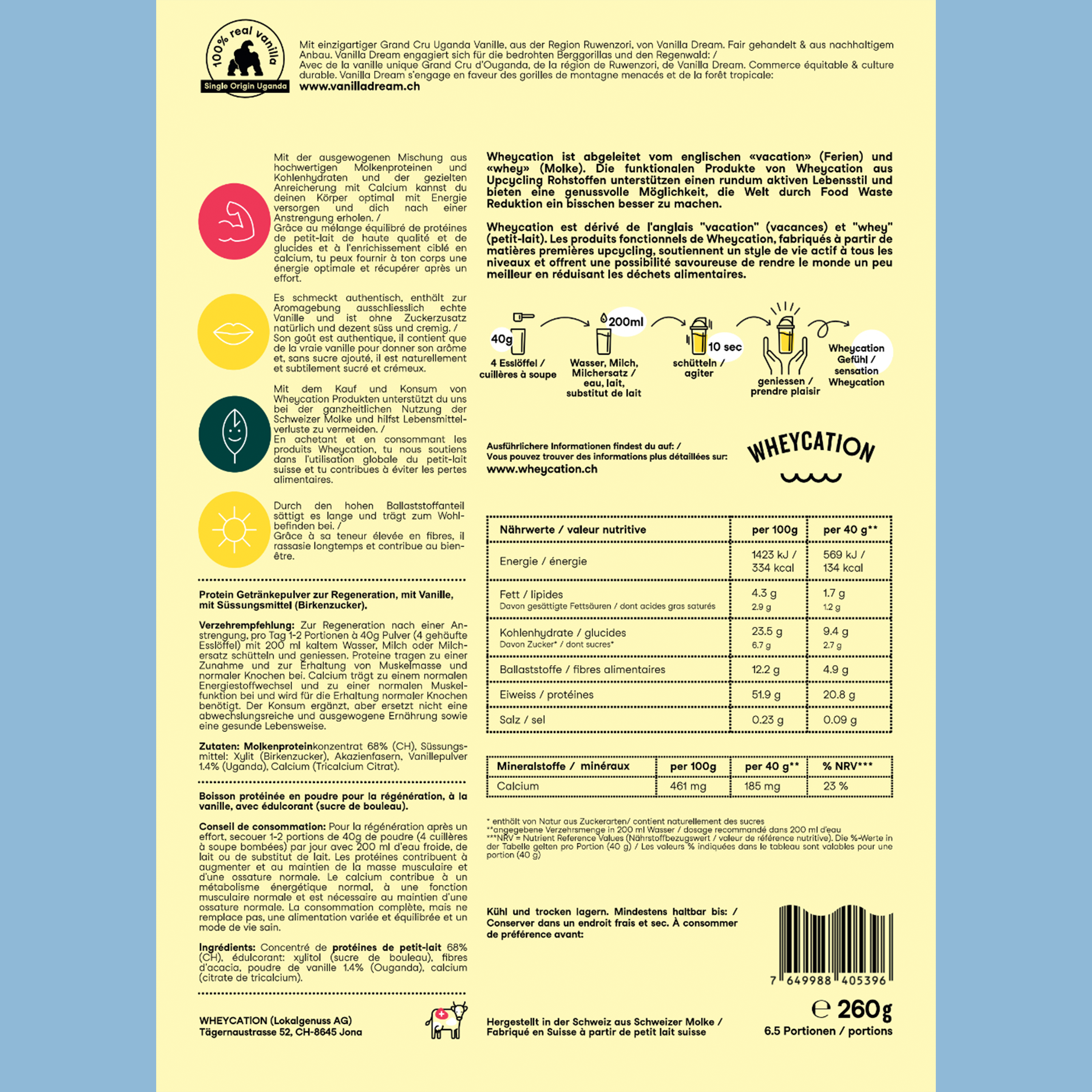 Wheycation Whey Protein Powder Vanilla Dream 260g Swiss Whey Zutaten