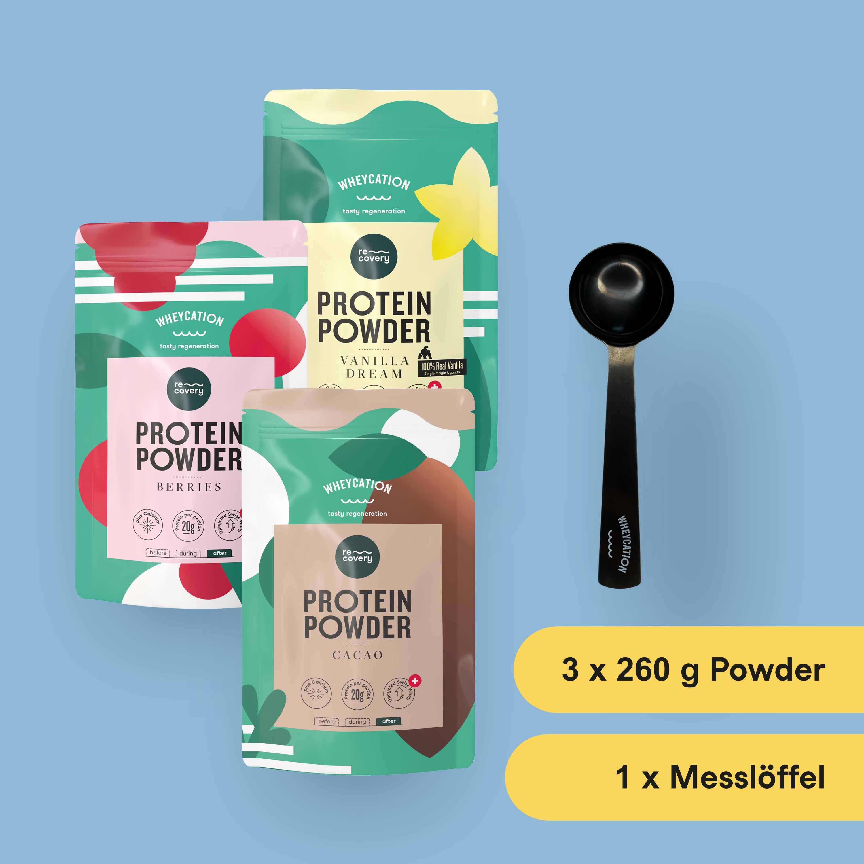 Starterset Whey Protein Powder 3x260g & Messlöffel - Berries, Vanilla ...