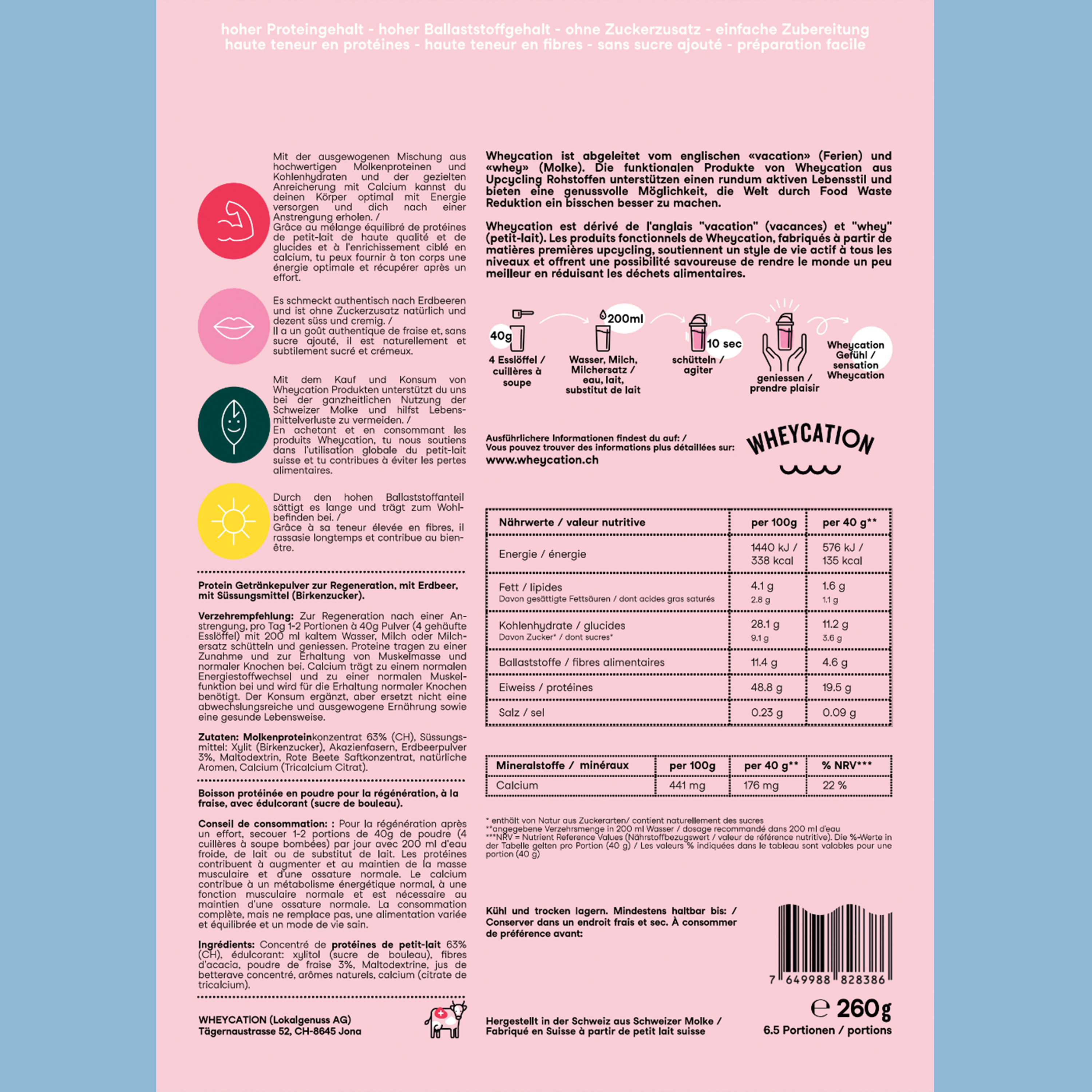 Wheycation Whey Protein Powder Berries 260g Swiss Whey Zutaten