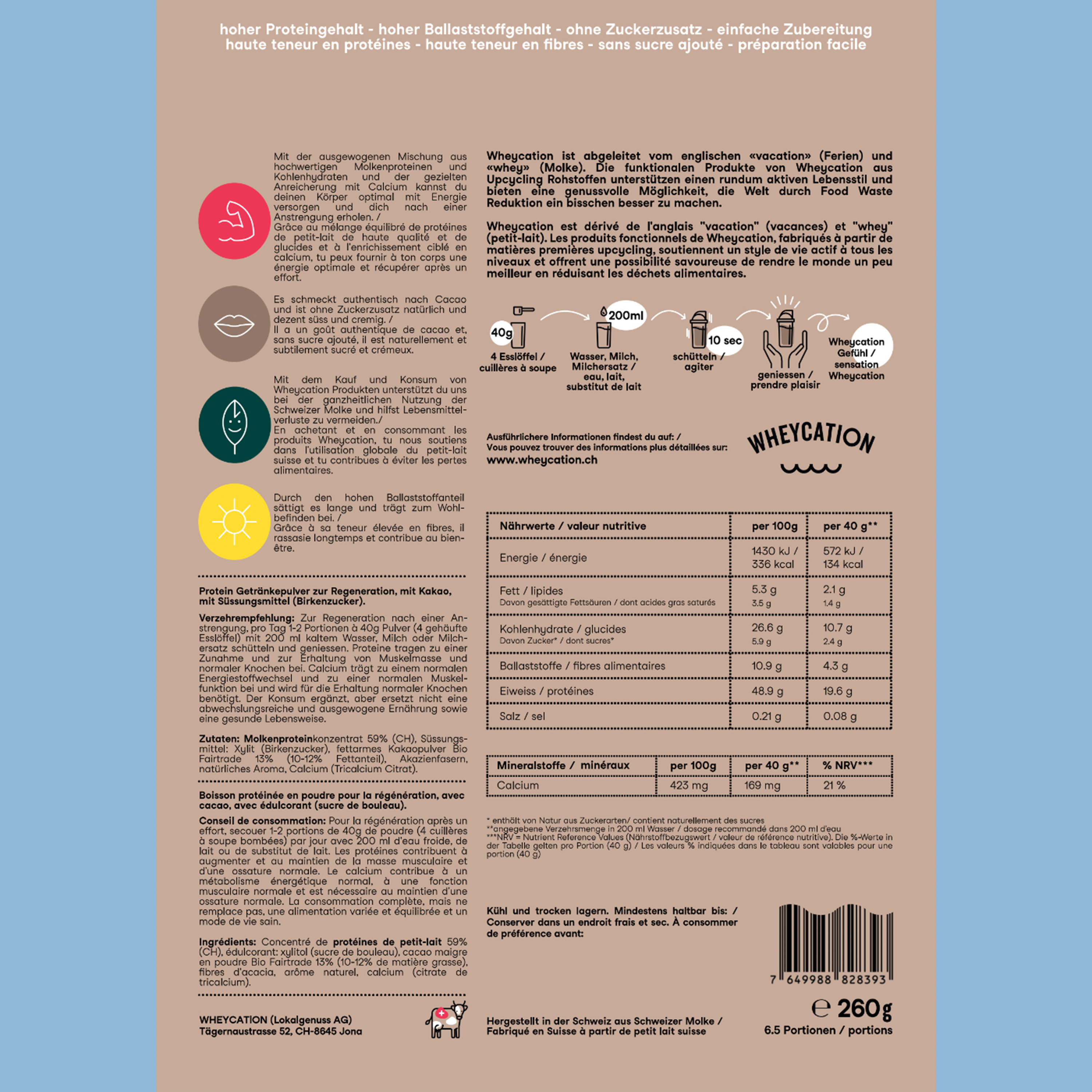 Wheycation Whey Protein Powder Cacao 260g Swiss Whey Zutaten
