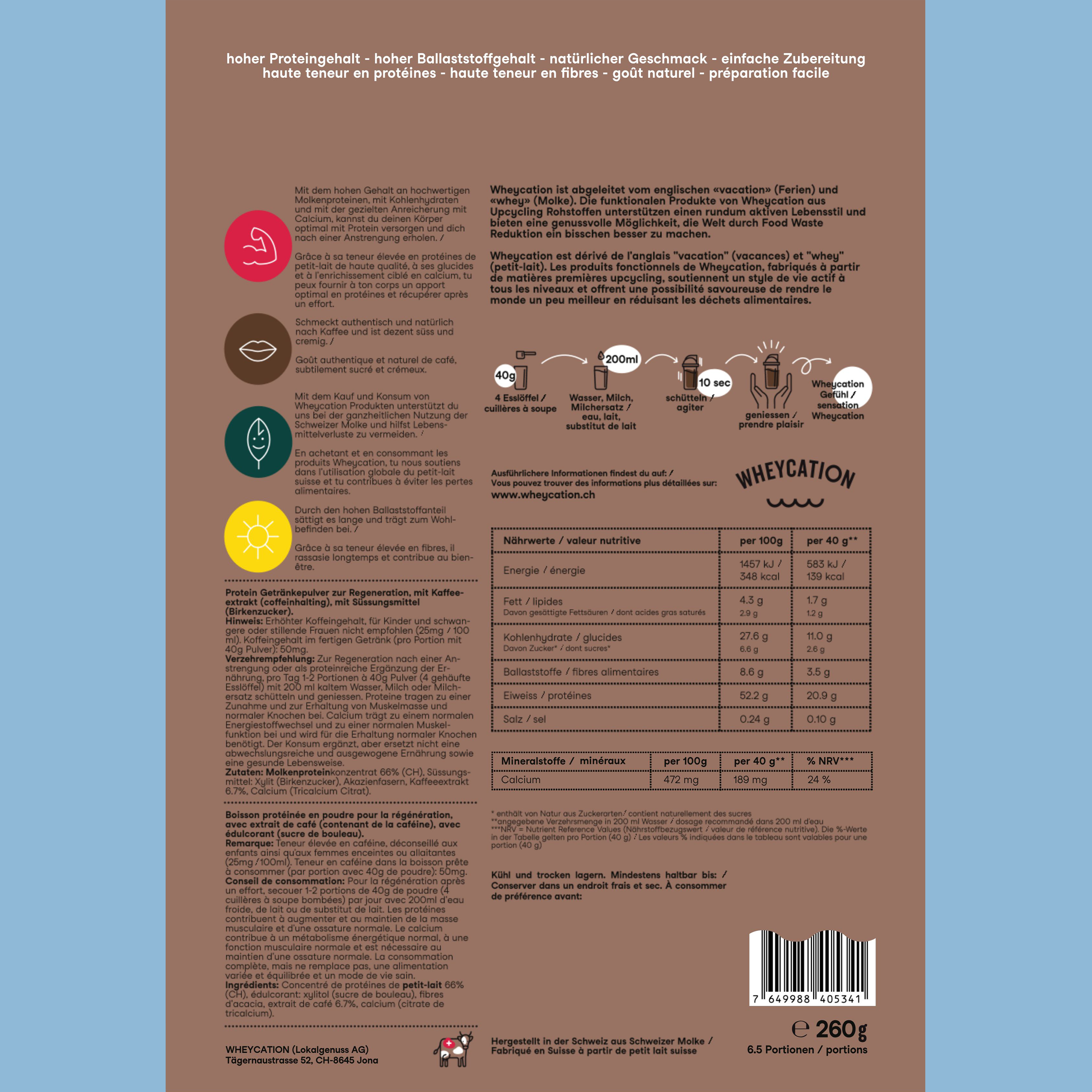 Wheycation Whey Protein Powder Coffee 260g Swiss Whey Zutaten