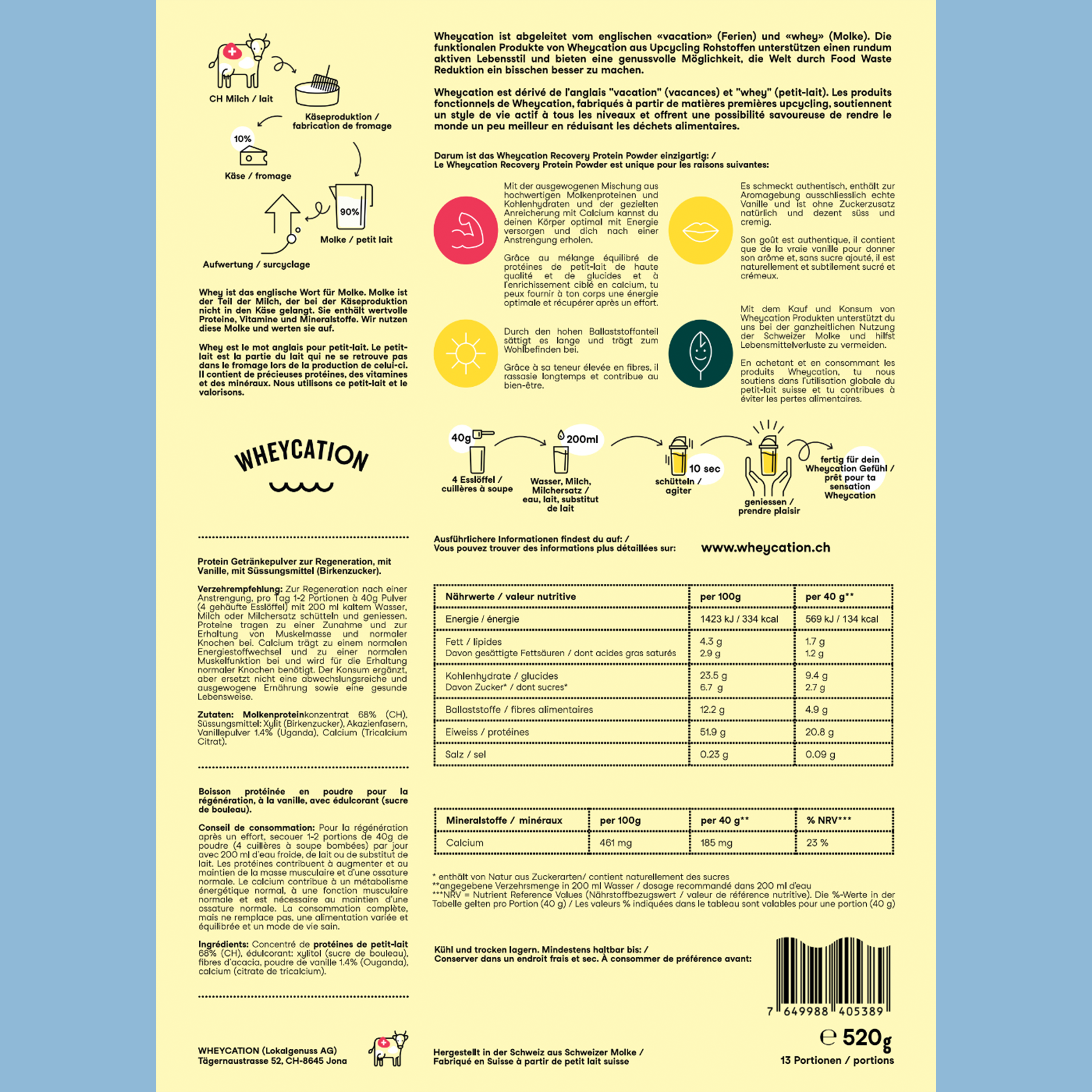 Wheycation Whey Protein Powder Vanilla Dream 520g Swiss Whey Zutaten